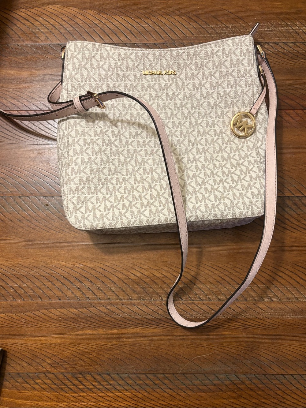 Michael Kors Beige Signature Crossbody with Pink Strap and Gold Accent